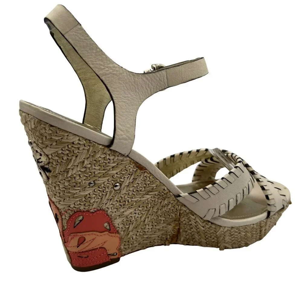 Coach Justeen 9.5 Butterfly Floral Design Woven Espadrille Wedge Leather Sandals